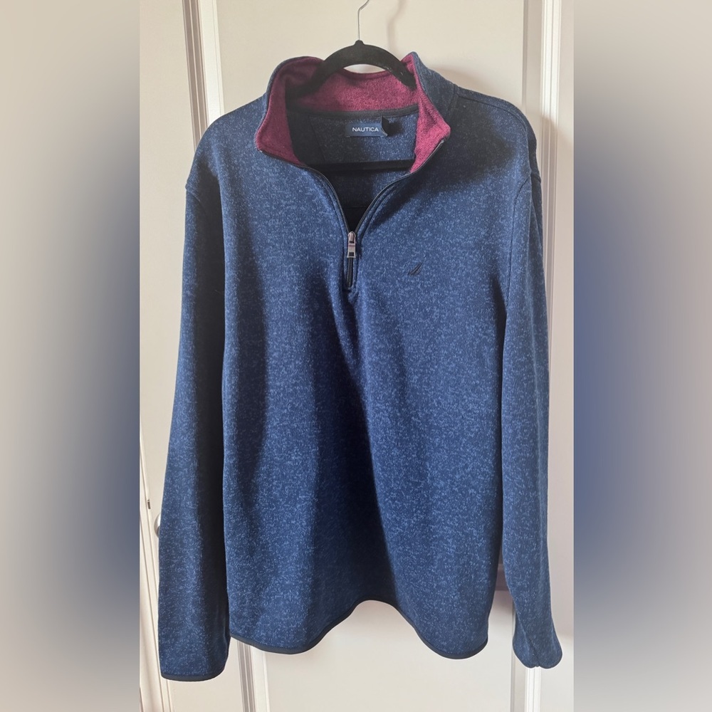Nautica Blue with Burgundy Pull Over Quarter Zip-Up Sweater-XL